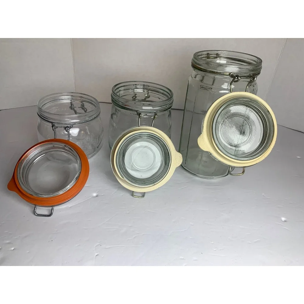 Vintage Clear Glass Wire Bale Jars Swing Top Clamp Lid Canisters Mixed Lot of 3‎